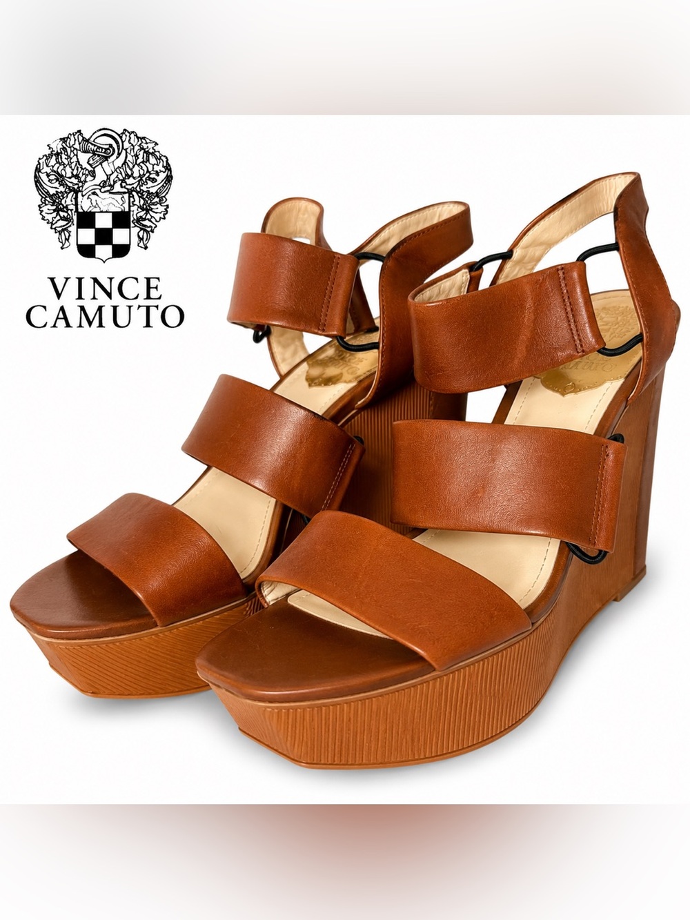 Vince Camuto Brown Leather Strappy Platform Wedge Sandals Size 9M